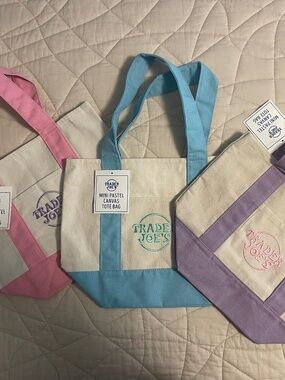 Trader Joe's  Mini Pastel Canvas Tote Bag New with Tags Pink, Blue and/or Purple